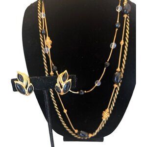 Trifari Set VTG 2 Necklaces PLUS Black Enamel Gold Clip Earrings Work Perfect
